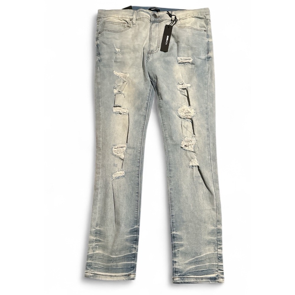 Fashion Nova Jeans Mens *36x32 (*38 ) Distressed Ripped Skinny Light Wash Denim